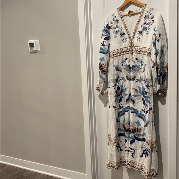 Farm Rio Mystic Blue Lotus Placed Print Long Sleeve Linen Blend Maxi Dress - Picture 7 of 15